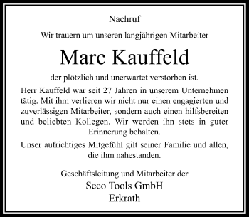 Todesanzeige von Marc Kauffeld von Rheinische Post