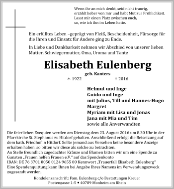 Todesanzeige von Elisabeth Eulenberg von Rheinische Post