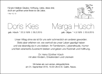 Todesanzeige von Doris Kies und Marga Hüsch  von Rheinische Post