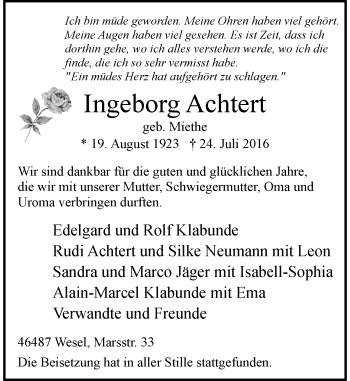 Todesanzeige von Ingeborg Achtert von Rheinische Post
