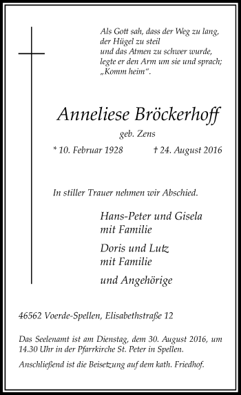 Todesanzeige von Anneliese Bröckerhoff von Rheinische Post