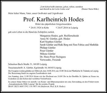 Todesanzeige von Karlheinrich Hodes von Rheinische Post