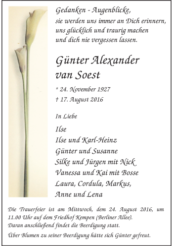 Todesanzeige von Günter Alexander van Soest von Rheinische Post