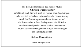 Todesanzeige von Christa Darmstädter von Rheinische Post