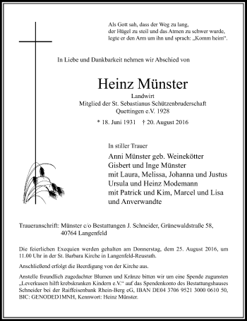 Todesanzeige von Heinz Münster von Rheinische Post