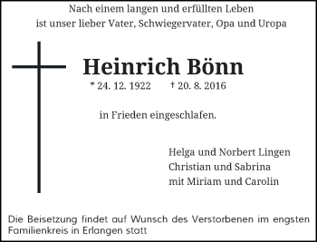 Todesanzeige von Heinrich Bönn von Rheinische Post