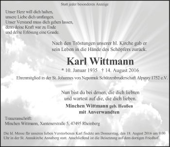 Todesanzeige von Karl Wittmann von Rheinische Post