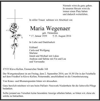 Todesanzeige von Maria Wegenaer von Rheinische Post