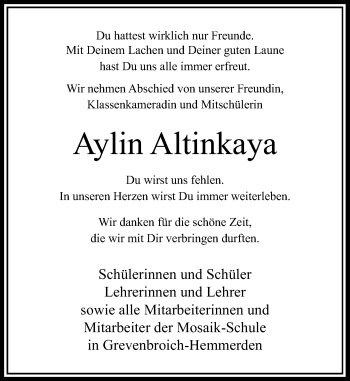 Todesanzeige von Aylin Altinkaya von Rheinische Post