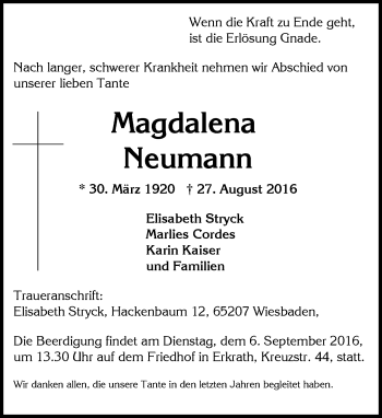 Todesanzeige von Magdalena Neumann von Rheinische Post