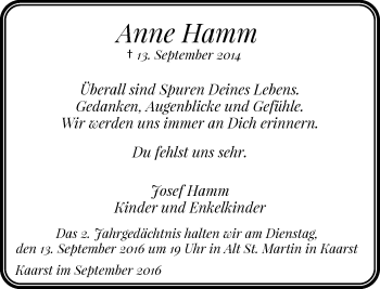 Todesanzeige von Anne Hamm von Rheinische Post