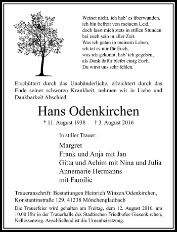 Todesanzeige von Hans Odenkirchen von Rheinische Post