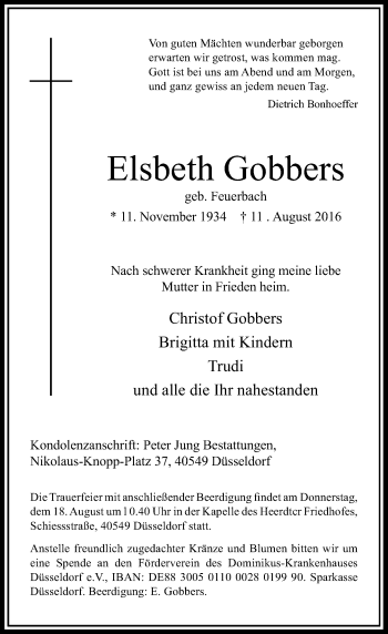 Todesanzeige von Elsbeth Gobbers von Rheinische Post