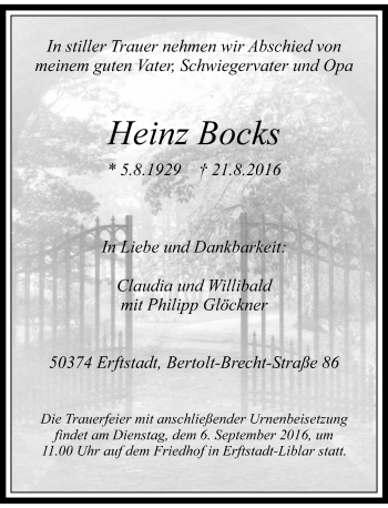 Todesanzeige von Heinz Bocks von Rheinische Post