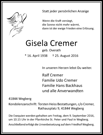 Todesanzeige von Gisela Cremer von Rheinische Post