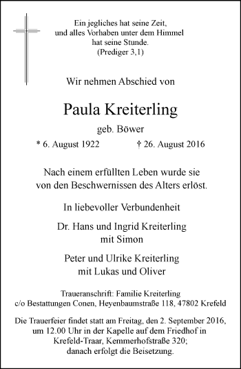 Todesanzeige von Paula Kreiterling von Rheinische Post