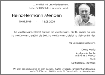 Todesanzeige von Heinz-Hermann Menden von Rheinische Post