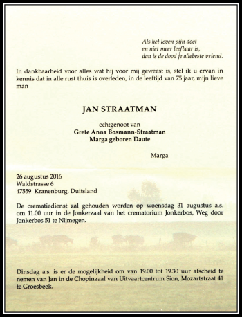 Todesanzeige von Jan Straatman von Rheinische Post
