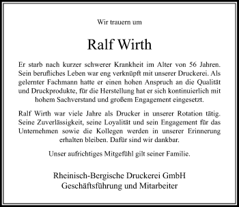 Todesanzeige von Ralf Wirth von Rheinische Post