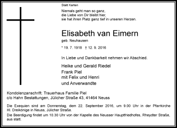 Todesanzeige von Elisabeth van Eimern von Rheinische Post