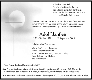 Todesanzeige von Adolf Janßen von Rheinische Post