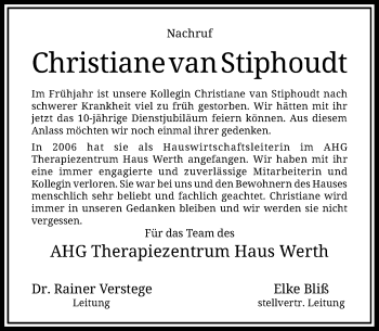 Todesanzeige von Christiane van Stiphoudt von Rheinische Post