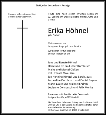 Todesanzeige von Erika Höhnel von Rheinische Post