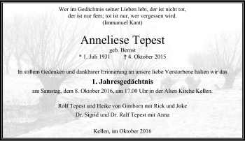 Todesanzeige von Anneliese Tepest von Rheinische Post