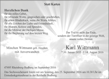 Todesanzeige von Karl Wittmann von Rheinische Post