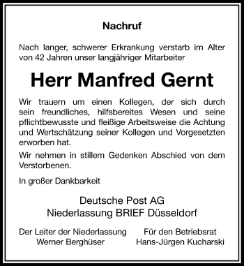 Todesanzeige von Manfred Gernt von Rheinische Post