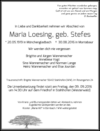 Todesanzeige von Maria Loesing von Rheinische Post
