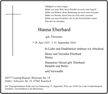 Todesanzeige von Hanna Eberhard von Rheinische Post