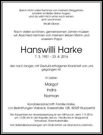 Todesanzeige von Hanswilli Harke von Rheinische Post