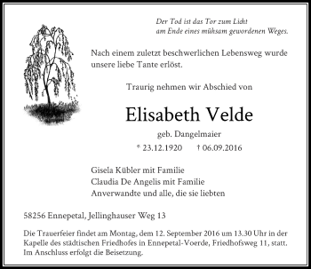 Todesanzeige von Elisabeth Velde von Rheinische Post
