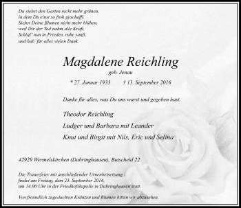 Todesanzeige von Magdalene Reichling von Rheinische Post