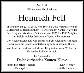 Todesanzeige von Heinrich Fell von Rheinische Post