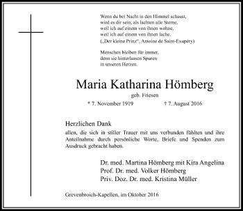 Todesanzeige von Maria Katharina Hömberg von Rheinische Post