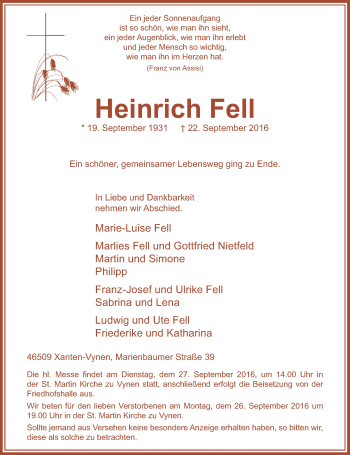 Todesanzeige von Heinrich Fell von Rheinische Post