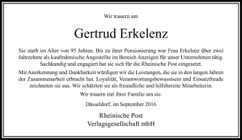 Todesanzeige von Gertrud Erkelenz von Rheinische Post