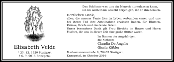 Todesanzeige von Elisabeth Velde von Rheinische Post