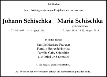 Todesanzeige von Johann und Maria Schischka von Rheinische Post
