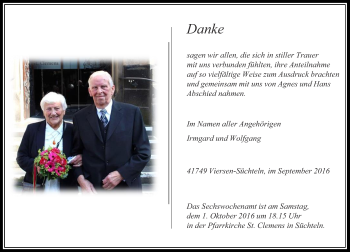 Todesanzeige von Agnes und Hans  von Rheinische Post