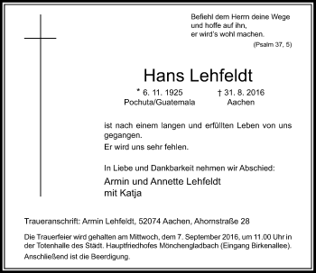 Todesanzeige von Hans Lehfeldt von Rheinische Post