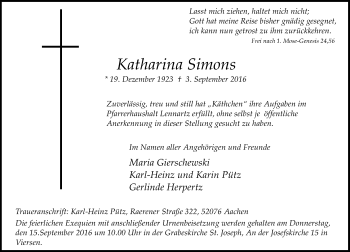 Todesanzeige von Katharina Simons von Rheinische Post