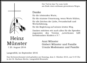 Todesanzeige von Anni Münster von Rheinische Post