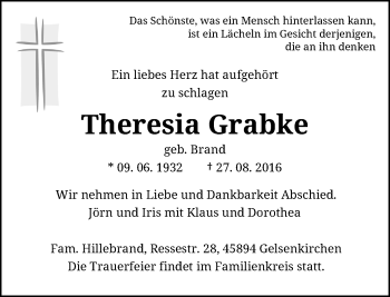 Todesanzeige von Theresia Grabke von Rheinische Post