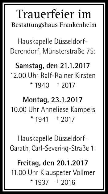 Todesanzeige von Bestattungen vom 19.01.2017 von Rheinische Post