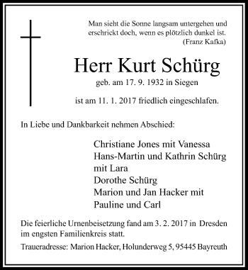 Todesanzeige von Kurt Schürg von Rheinische Post