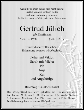 Todesanzeige von Gertrud Jülich von Rheinische Post