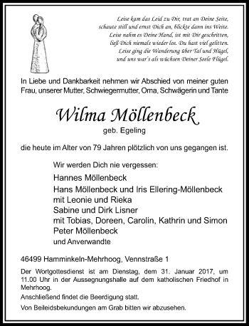 Todesanzeige von Wilma Möllenbeck von Rheinische Post